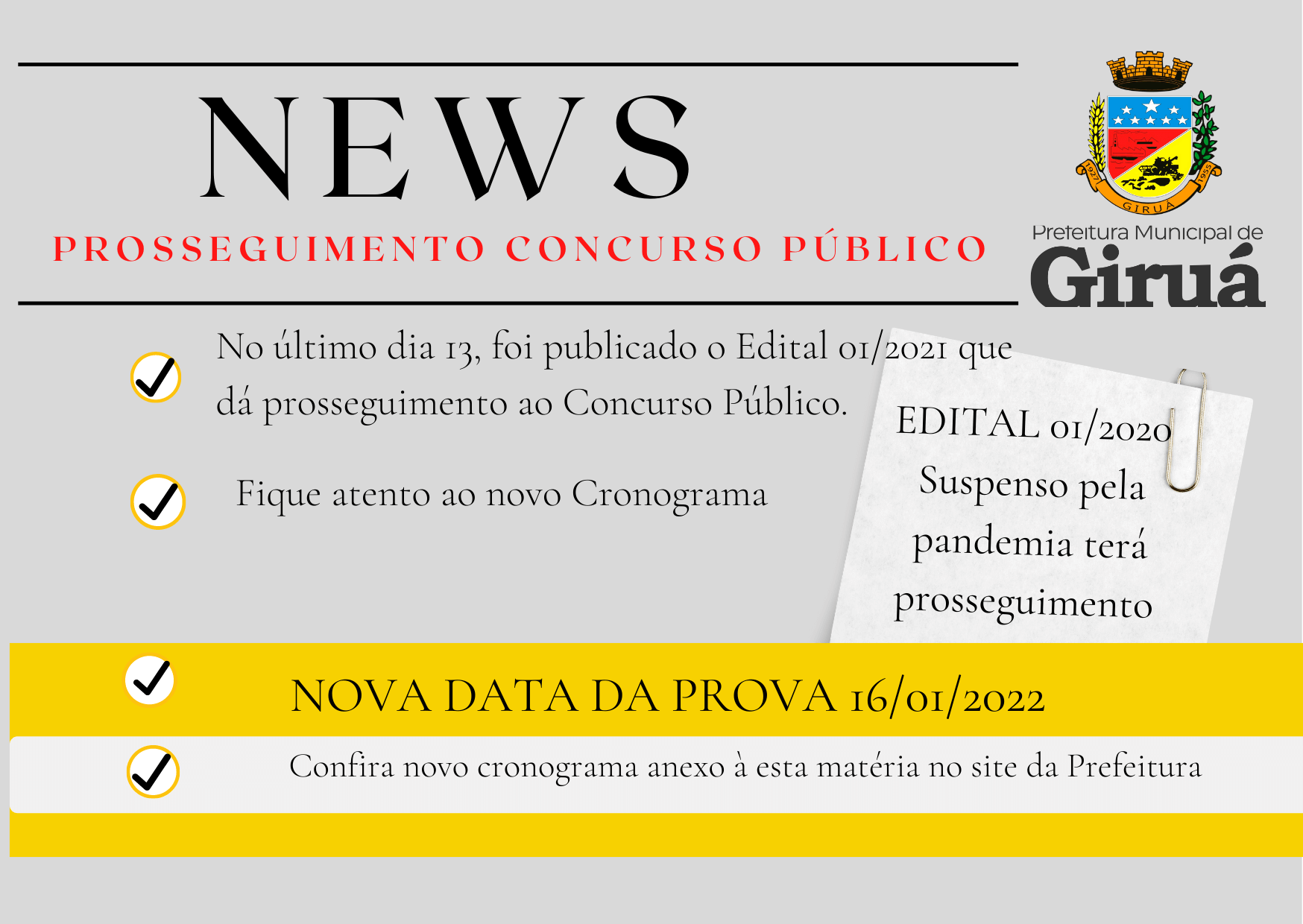 Edital Nº 01/2021- determina prosseguimento do Concurso Público